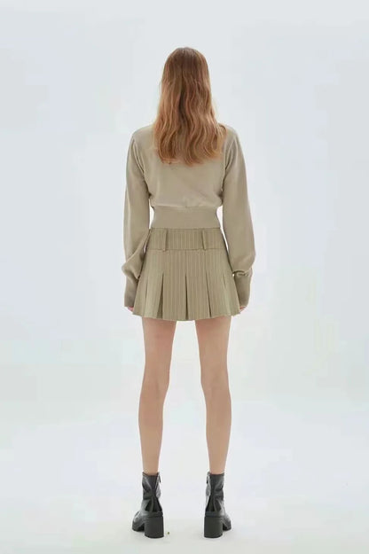 WOMENGAGA Women High Rise Pleated Striped Mini Skirt England Style Mini Skirt With Belt Loops korean women hot sexy 3HML