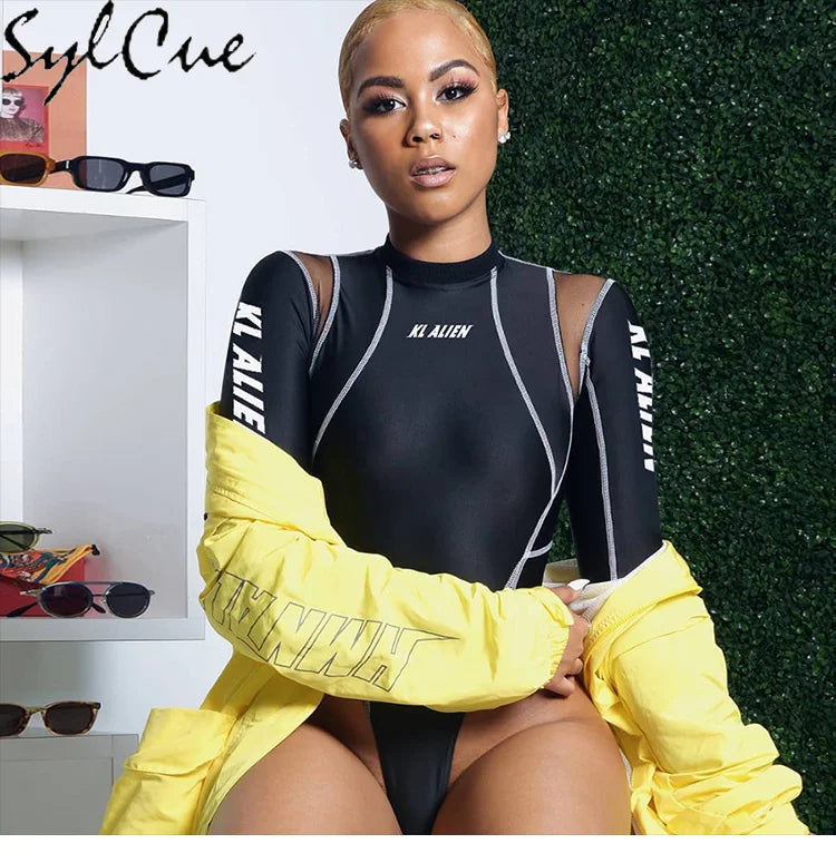 Sylcue Mesh Colorblock Half Turtleneck Bottoming Shirt Letter Print Topstitching Long Sleeve T-Shirt All-match One Piece Women