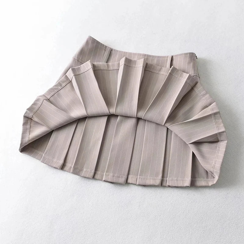 WOMENGAGA Women High Rise Pleated Striped Mini Skirt England Style Mini Skirt With Belt Loops korean women hot sexy 3HML
