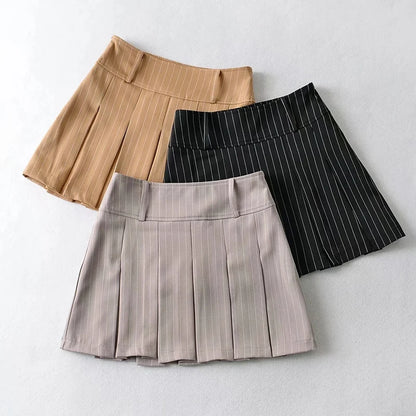 WOMENGAGA Women High Rise Pleated Striped Mini Skirt England Style Mini Skirt With Belt Loops korean women hot sexy 3HML