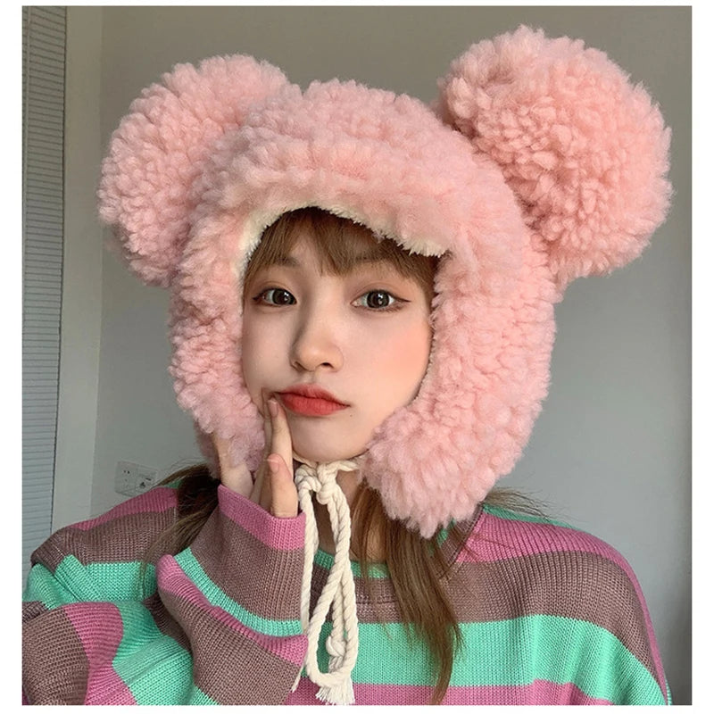 Women Winter Thicken Plush Warm Earflap Hat Cute Bear Ears Windproof Beanie Cap with drawstring Chin Strap