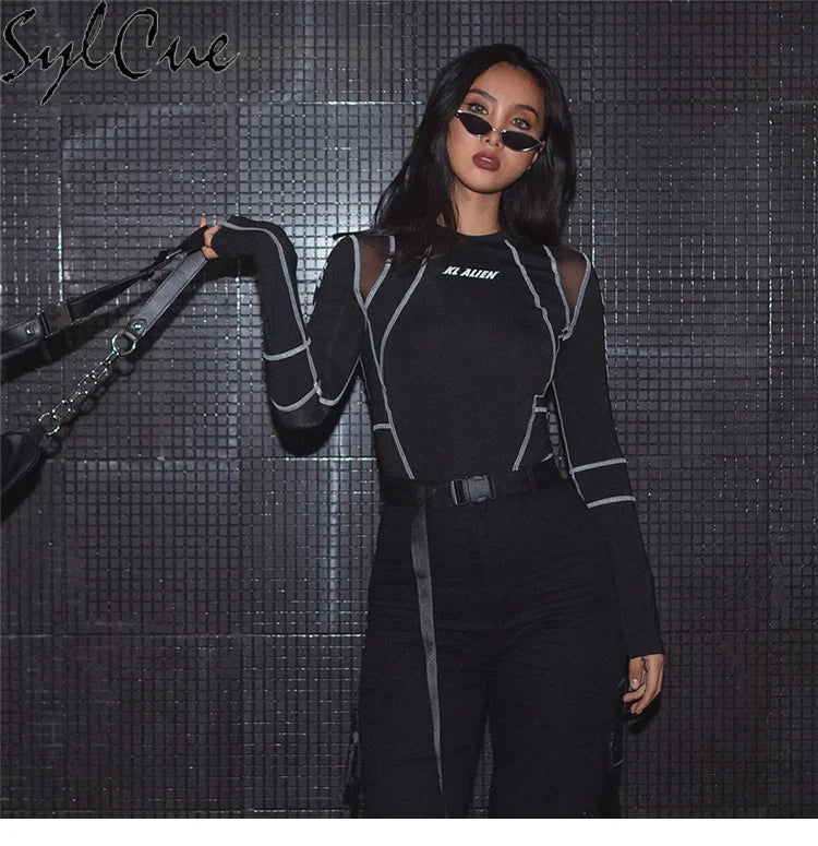 Sylcue Mesh Colorblock Half Turtleneck Bottoming Shirt Letter Print Topstitching Long Sleeve T-Shirt All-match One Piece Women