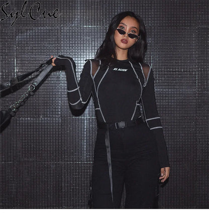 Sylcue Mesh Colorblock Half Turtleneck Bottoming Shirt Letter Print Topstitching Long Sleeve T-Shirt All-match One Piece Women