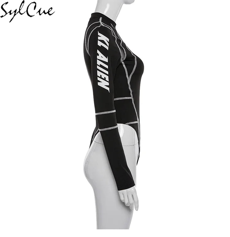 Sylcue Mesh Colorblock Half Turtleneck Bottoming Shirt Letter Print Topstitching Long Sleeve T-Shirt All-match One Piece Women
