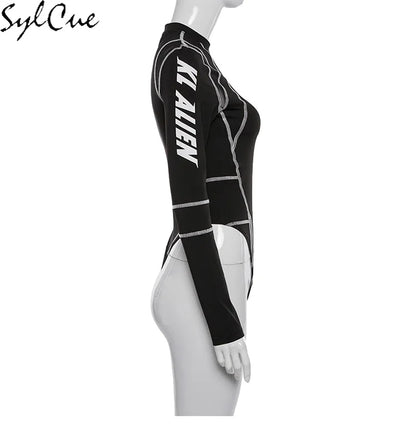 Sylcue Mesh Colorblock Half Turtleneck Bottoming Shirt Letter Print Topstitching Long Sleeve T-Shirt All-match One Piece Women