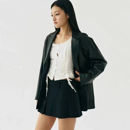 WOMENGAGA Women High Rise Pleated Striped Mini Skirt England Style Mini Skirt With Belt Loops korean women hot sexy 3HML