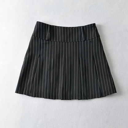 WOMENGAGA Women High Rise Pleated Striped Mini Skirt England Style Mini Skirt With Belt Loops korean women hot sexy 3HML
