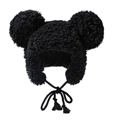 Women Winter Thicken Plush Warm Earflap Hat Cute Bear Ears Windproof Beanie Cap with drawstring Chin Strap