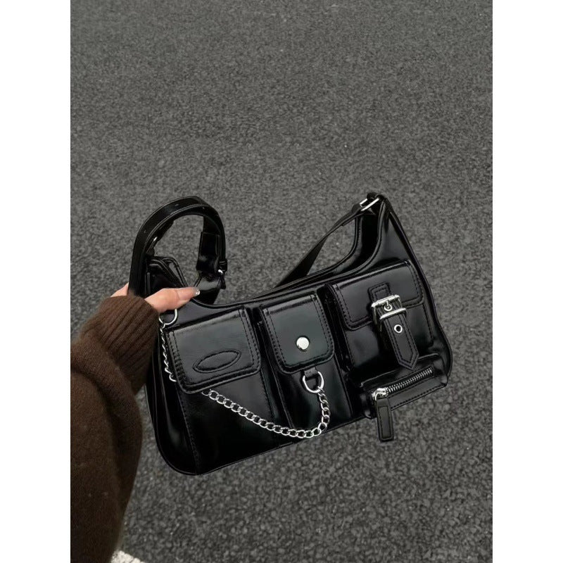 Xiuya Y2k Moto Biker Handbags for Women 2023 Gothic Fashion High Street Shoulder Bag Black Patent Leather Casual Coin Purse