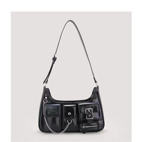 Xiuya Y2k Moto Biker Handbags for Women 2023 Gothic Fashion High Street Shoulder Bag Black Patent Leather Casual Coin Purse