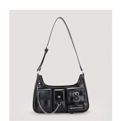 Xiuya Y2k Moto Biker Handbags for Women 2023 Gothic Fashion High Street Shoulder Bag Black Patent Leather Casual Coin Purse