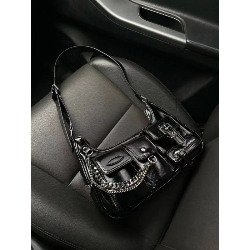 Xiuya Y2k Moto Biker Handbags for Women 2023 Gothic Fashion High Street Shoulder Bag Black Patent Leather Casual Coin Purse
