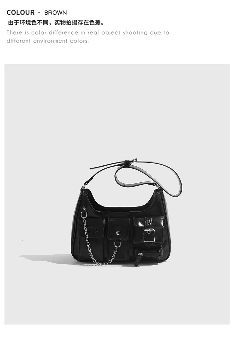 Xiuya Y2k Moto Biker Handbags for Women 2023 Gothic Fashion High Street Shoulder Bag Black Patent Leather Casual Coin Purse