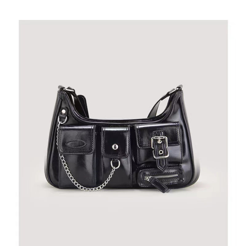 Xiuya Y2k Moto Biker Handbags for Women 2023 Gothic Fashion High Street Shoulder Bag Black Patent Leather Casual Coin Purse