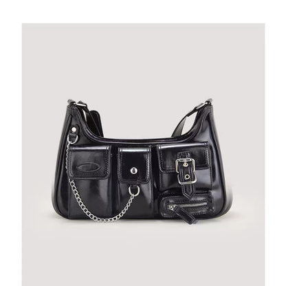 Xiuya Y2k Moto Biker Handbags for Women 2023 Gothic Fashion High Street Shoulder Bag Black Patent Leather Casual Coin Purse