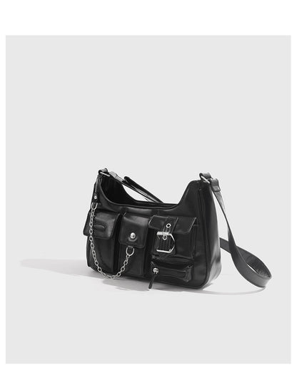 Xiuya Y2k Moto Biker Handbags for Women 2023 Gothic Fashion High Street Shoulder Bag Black Patent Leather Casual Coin Purse