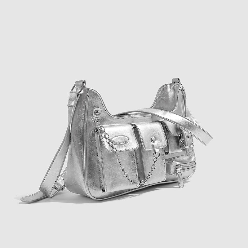 Xiuya Y2k Moto Biker Handbags for Women 2023 Gothic Fashion High Street Shoulder Bag Black Patent Leather Casual Coin Purse