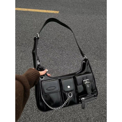 Xiuya Y2k Moto Biker Handbags for Women 2023 Gothic Fashion High Street Shoulder Bag Black Patent Leather Casual Coin Purse