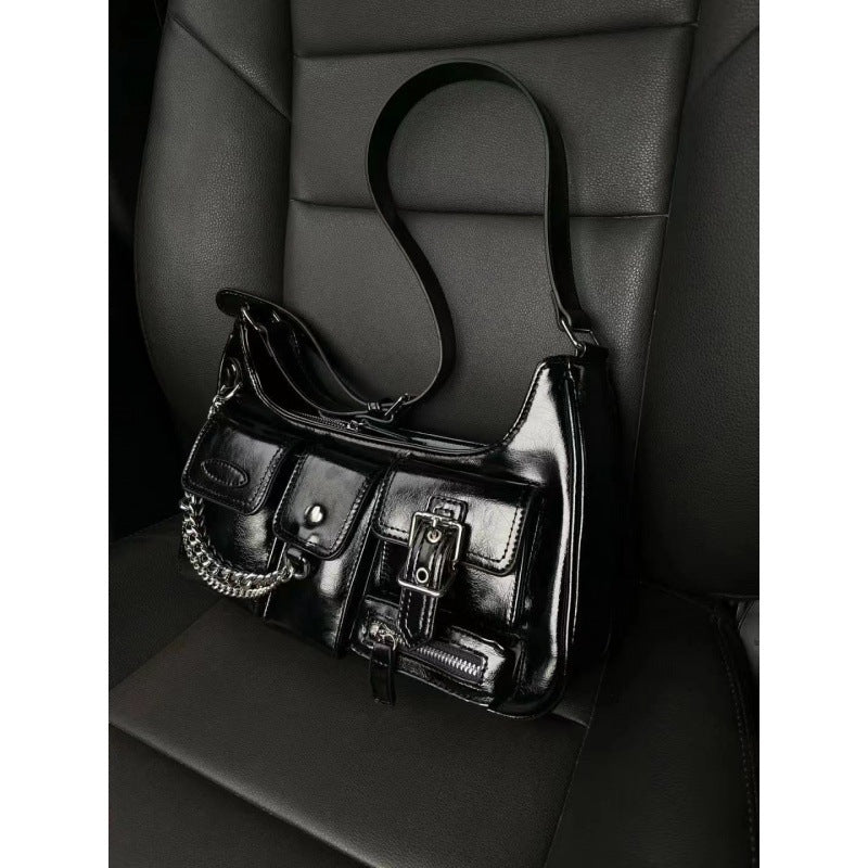 Xiuya Y2k Moto Biker Handbags for Women 2023 Gothic Fashion High Street Shoulder Bag Black Patent Leather Casual Coin Purse