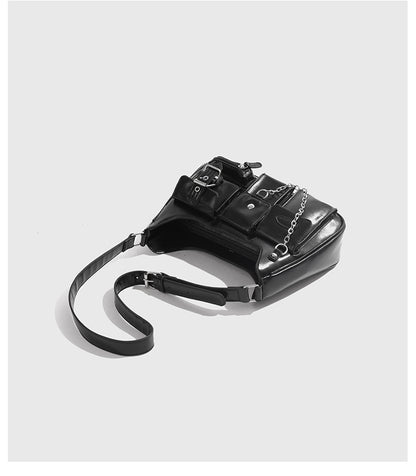 Xiuya Y2k Moto Biker Handbags for Women 2023 Gothic Fashion High Street Shoulder Bag Black Patent Leather Casual Coin Purse
