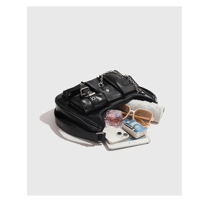 Xiuya Y2k Moto Biker Handbags for Women 2023 Gothic Fashion High Street Shoulder Bag Black Patent Leather Casual Coin Purse