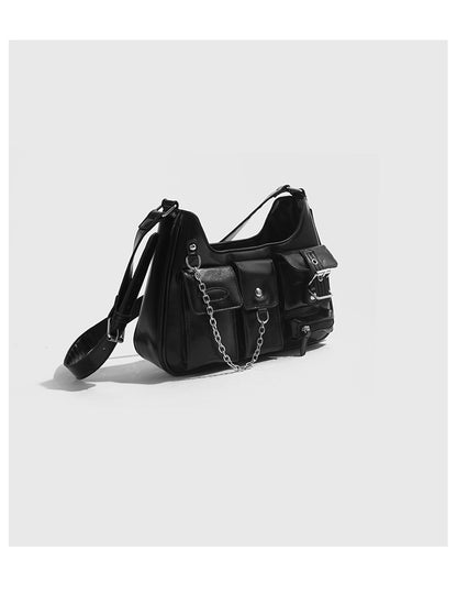 Xiuya Y2k Moto Biker Handbags for Women 2023 Gothic Fashion High Street Shoulder Bag Black Patent Leather Casual Coin Purse