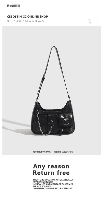 Xiuya Y2k Moto Biker Handbags for Women 2023 Gothic Fashion High Street Shoulder Bag Black Patent Leather Casual Coin Purse