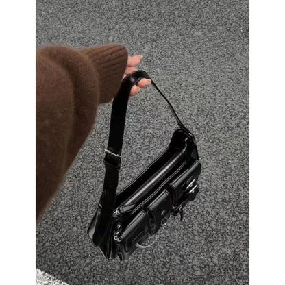 Xiuya Y2k Moto Biker Handbags for Women 2023 Gothic Fashion High Street Shoulder Bag Black Patent Leather Casual Coin Purse