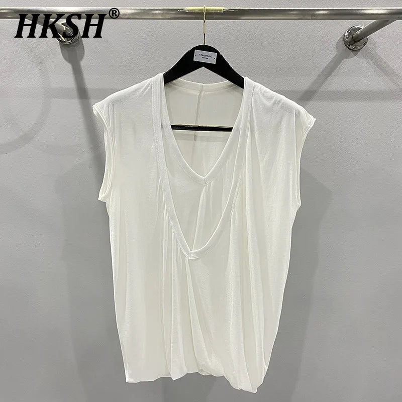 HKSH Summer Spring New Men's Tide Dark Sexy Double Layered V-neck Solid Sleeveless Tees Fashion Knit Tank Tops Chic Vest HK1399