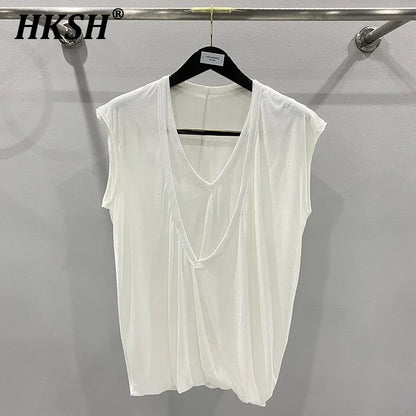 HKSH Summer Spring New Men's Tide Dark Sexy Double Layered V-neck Solid Sleeveless Tees Fashion Knit Tank Tops Chic Vest HK1399
