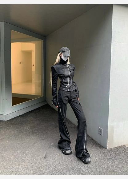 Lautaro Spring Autumn Cool Handsome Short Black Fitted Pu Leather Jacket Women Long Sleeve Zip Up Luxury Designer Clothing 2025