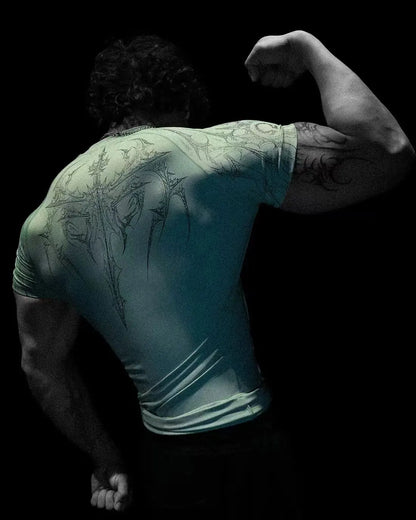 New Summer GYM T-shirt Men's Gothic Print Muscle Tee High Elasticity And Quick Drying Exercise For Bodybuilding Training T-shirt