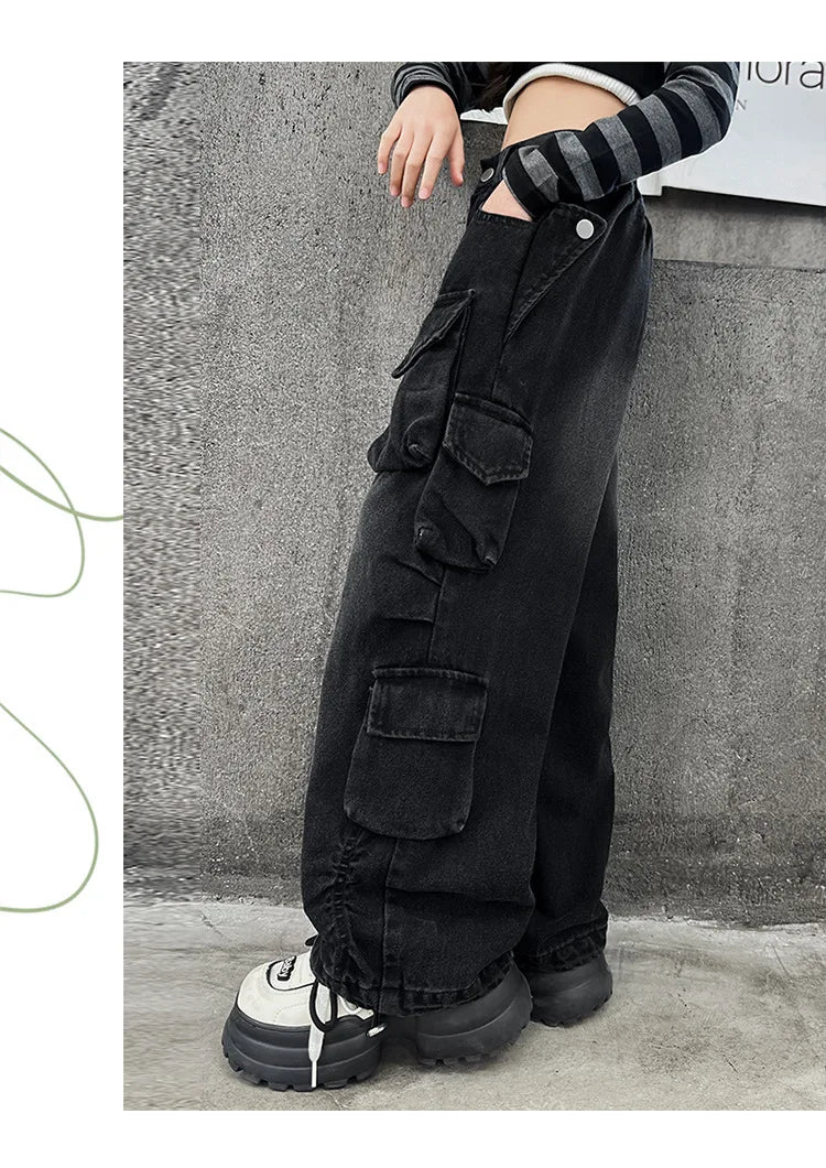 Cargo Jeans for Girls 2026 Spring Loose Casual Elastic Waist Teenage Children Wide Leg Pants Design Streetwear Kids Trousers