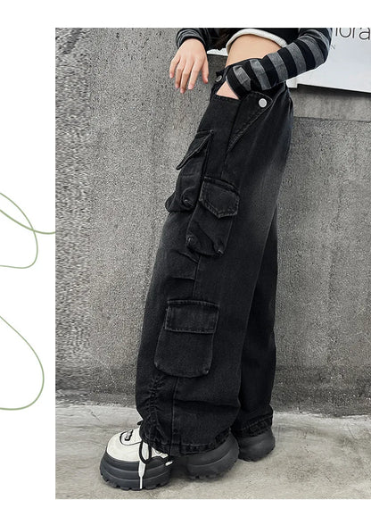 Cargo Jeans for Girls 2026 Spring Loose Casual Elastic Waist Teenage Children Wide Leg Pants Design Streetwear Kids Trousers