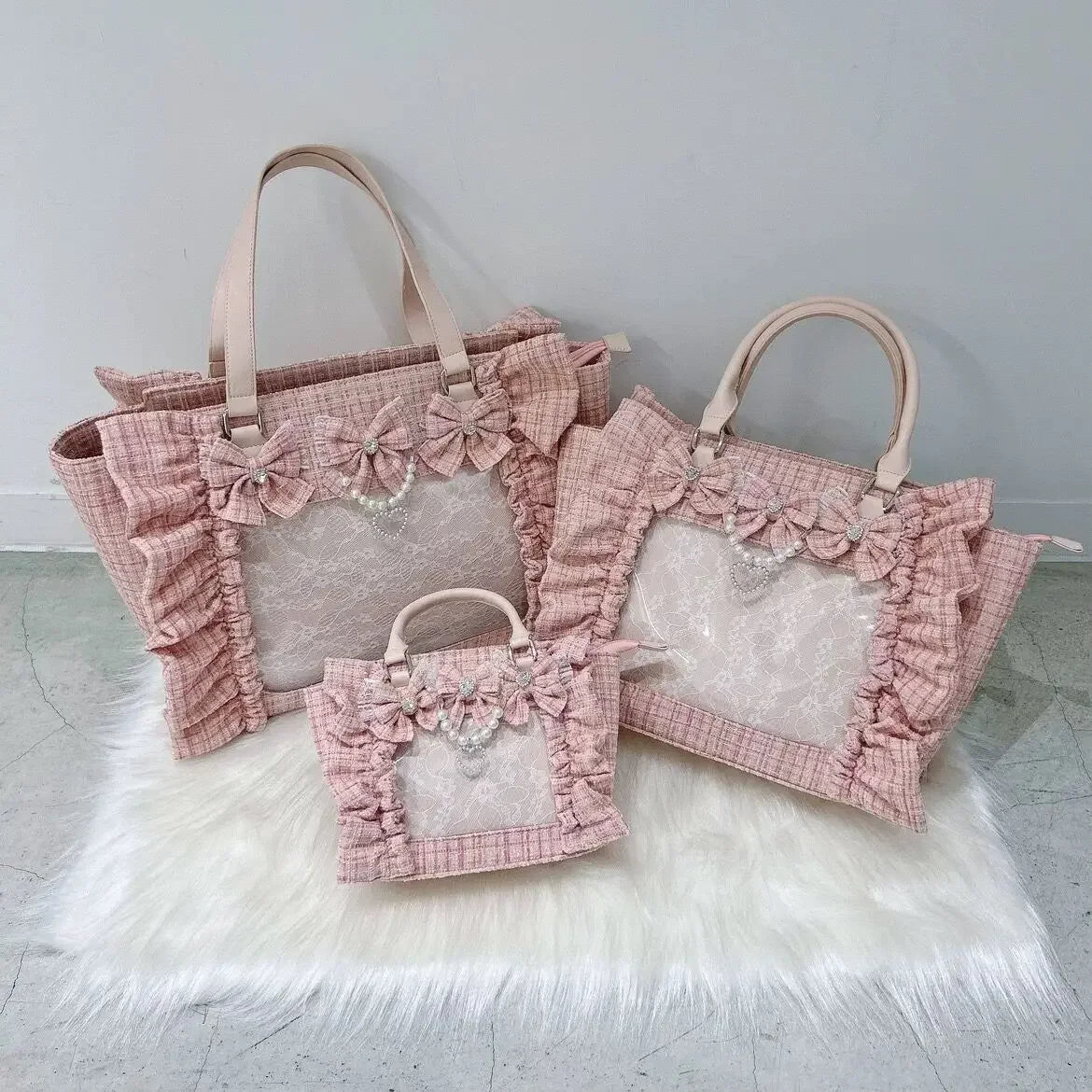 Japanese Style Mine Bags Women Ruffled Lace Lolita Girls Rhienstone Pearl Bowknot Square Tote Shoulder Portable Bolso Handbags