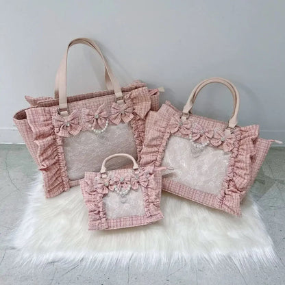 Japanese Style Mine Bags Women Ruffled Lace Lolita Girls Rhienstone Pearl Bowknot Square Tote Shoulder Portable Bolso Handbags