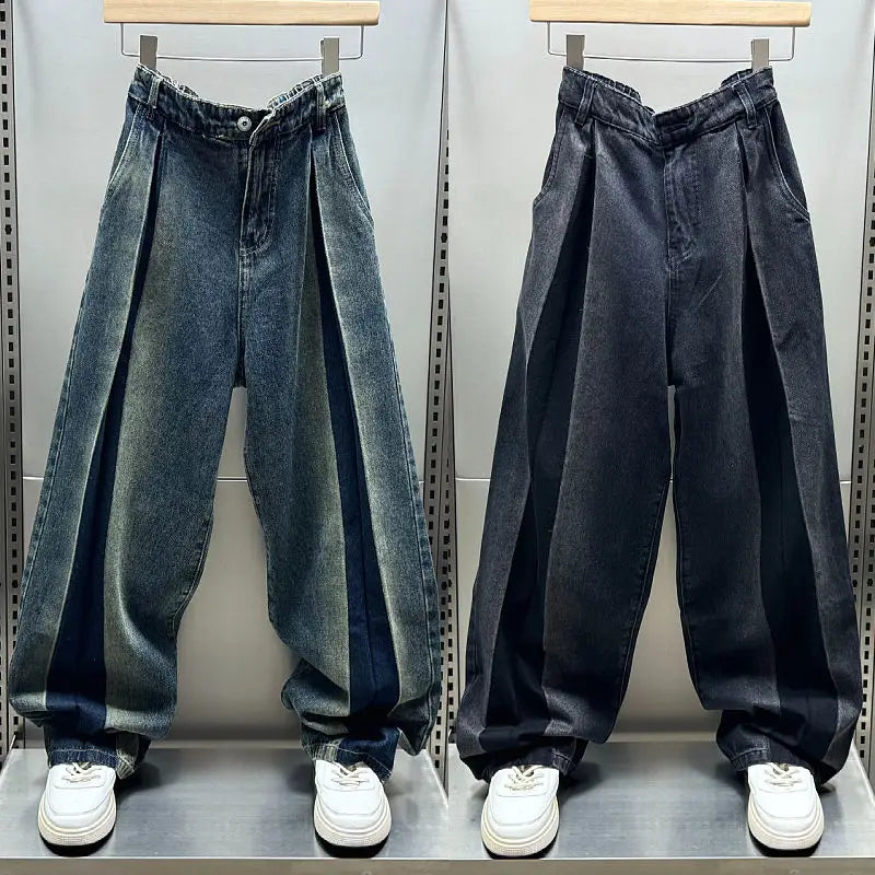 Loose Wide Leg Folded Hip Hop Jeans Harajuku Streetwear Trousers High Quality Luxury Brand Men Clothing