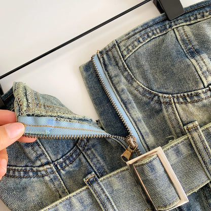 SINGREINY Vintage Denim Strapless Camis Backless Irregular Raw Hem Slim Distressed Crop Top Ladies Sashes Sexy Club Lingerie Top