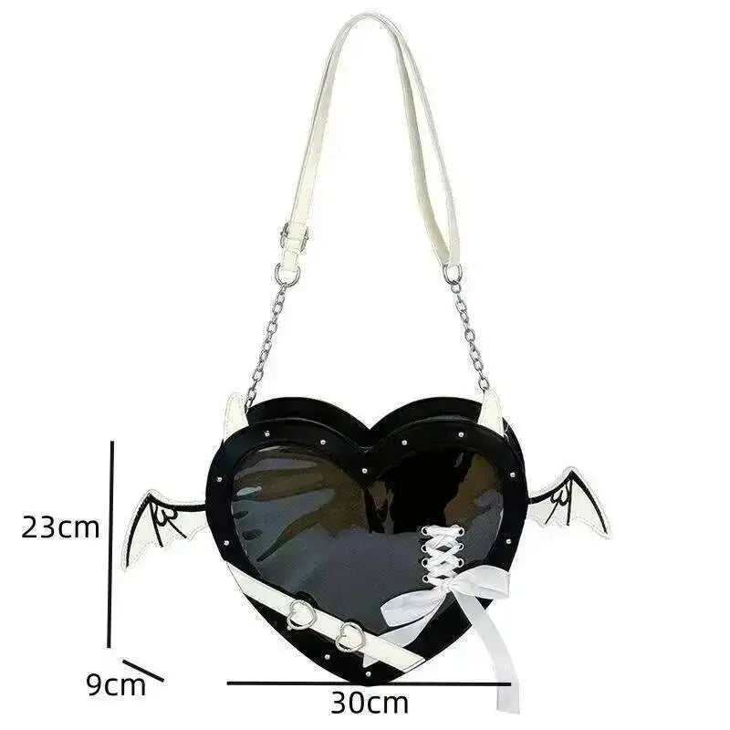 Heart Devil Wings Punk Itabags Belt Buckle Gothic Shoulder Pain Bag PU Leather Y2k Display Chain Crossbody Bag Cosplay Bag Girls
