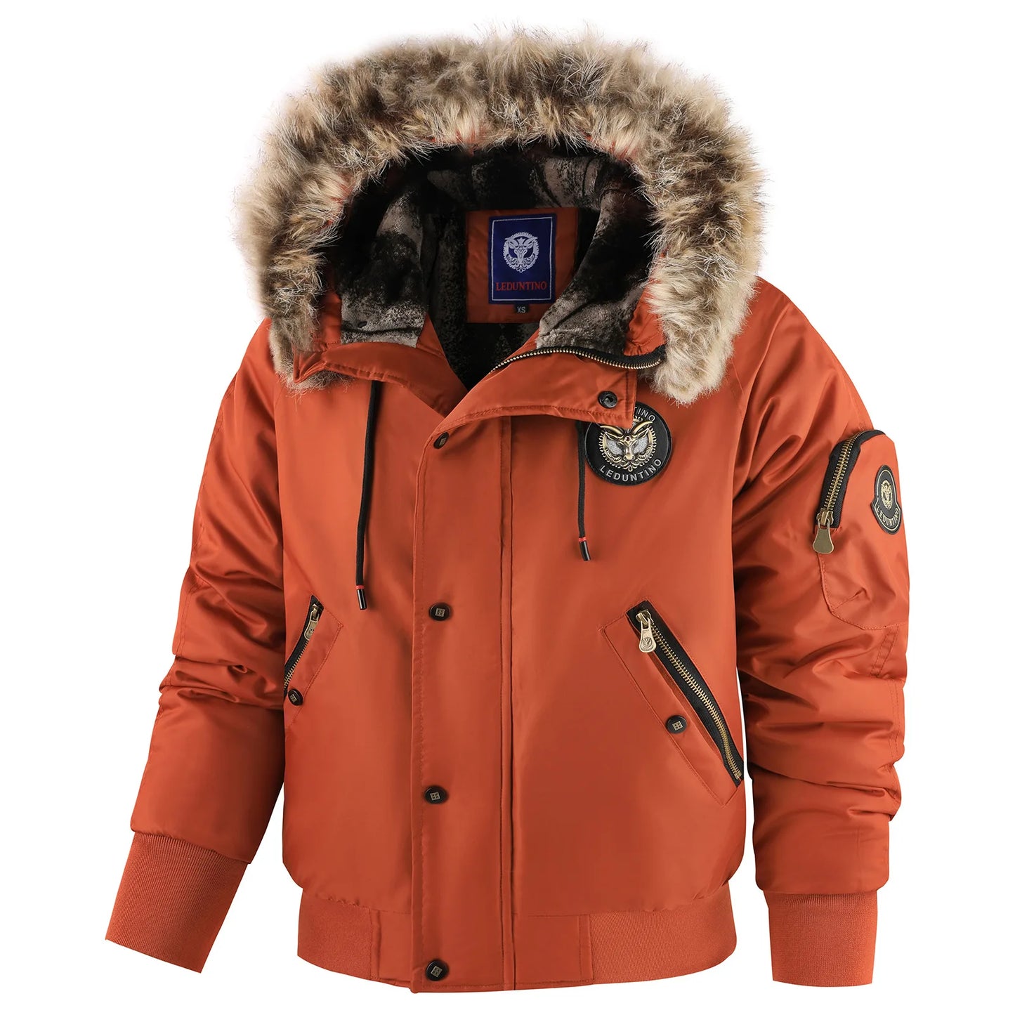 Men's Winter Warm, Hooded Jacket with Raw Edge, Lined Aviator Jacket, Embroidered Badge Design, Windproof and Waterproof Jacket