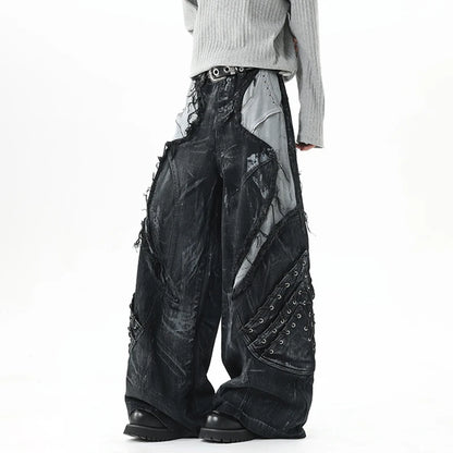 High Street Men's Denim Trousers Patchwork Contrast Color Drawstring Raw Edge Dirty-dying Worn-out Male Jeans New