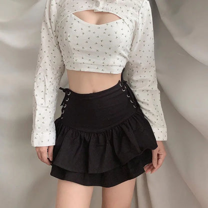 FICHOR Streetwear Mall Goth Skirt Women Harajuku Y2k E-girl High Waist Bandage Mini Skirt Dark Gothic Punk Emo Alt Club Wear