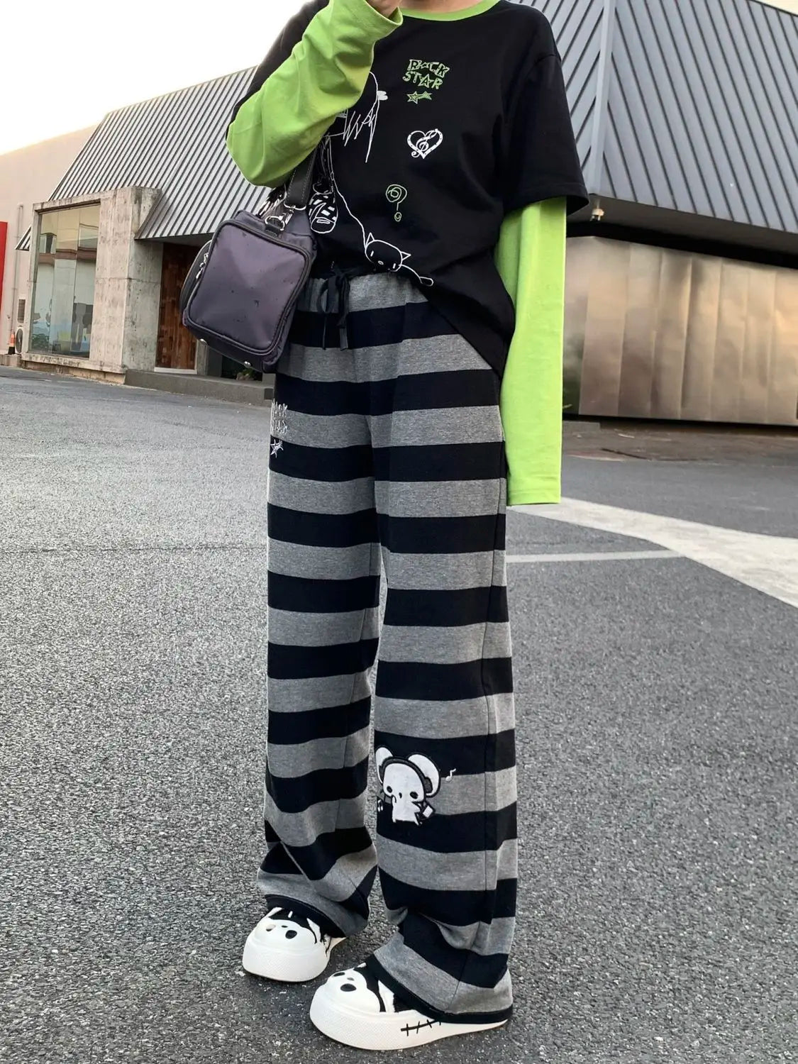 Kimotimo Punk Anime Printed Striped Pants Women Harajuku Y2k Straight Casual Long Trousers 2025 Autumn Vintage Gothic Streetwear