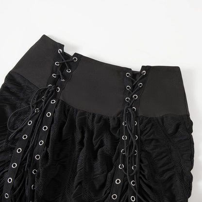 Gothic Long Skirt Bandage Lace Mesh Patchwork High Waist A Line Drawstring Split Black Skirt Irregular Aesthetic Female Fashion
