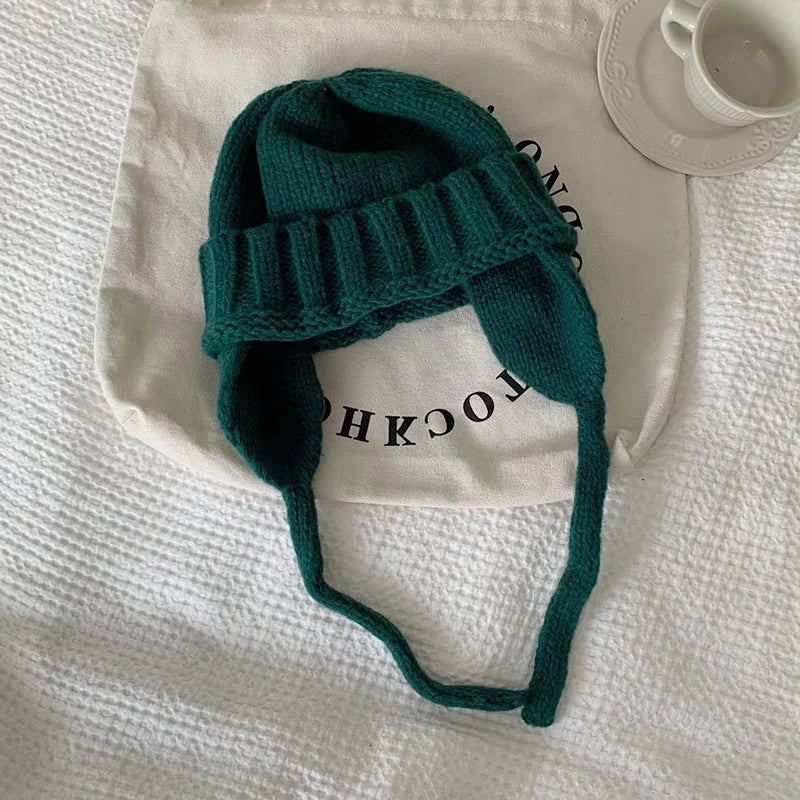 New Winter Cute Candy Colors Knitted Cap Fashion for Women Skullies Beanies Outdoor Windproof Thickened Warm Ear Protection Hat