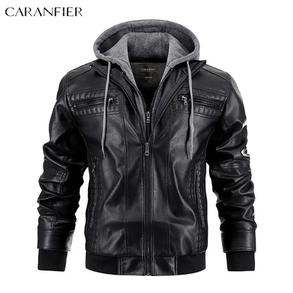 CARANFIER Men PU Leather Jacket Male Moto Biker Hooded Luxury Coats Clothing Faux Vintage Outerwear Chaqueta Hombre Dropshipping