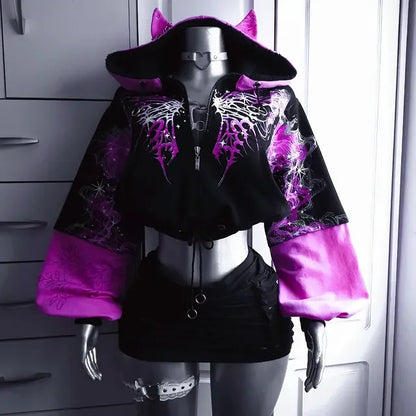 New Purple Cropped Hoodie Women Butterfly Graphic Print kawaii Cat Ear Zip Up Drawstring Waist Y2K Gothic Streetwear Sweatshirt