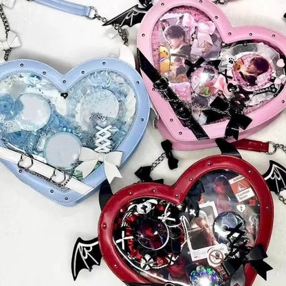 Heart Devil Wings Punk Itabags Belt Buckle Gothic Shoulder Pain Bag PU Leather Y2k Display Chain Crossbody Bag Cosplay Bag Girls