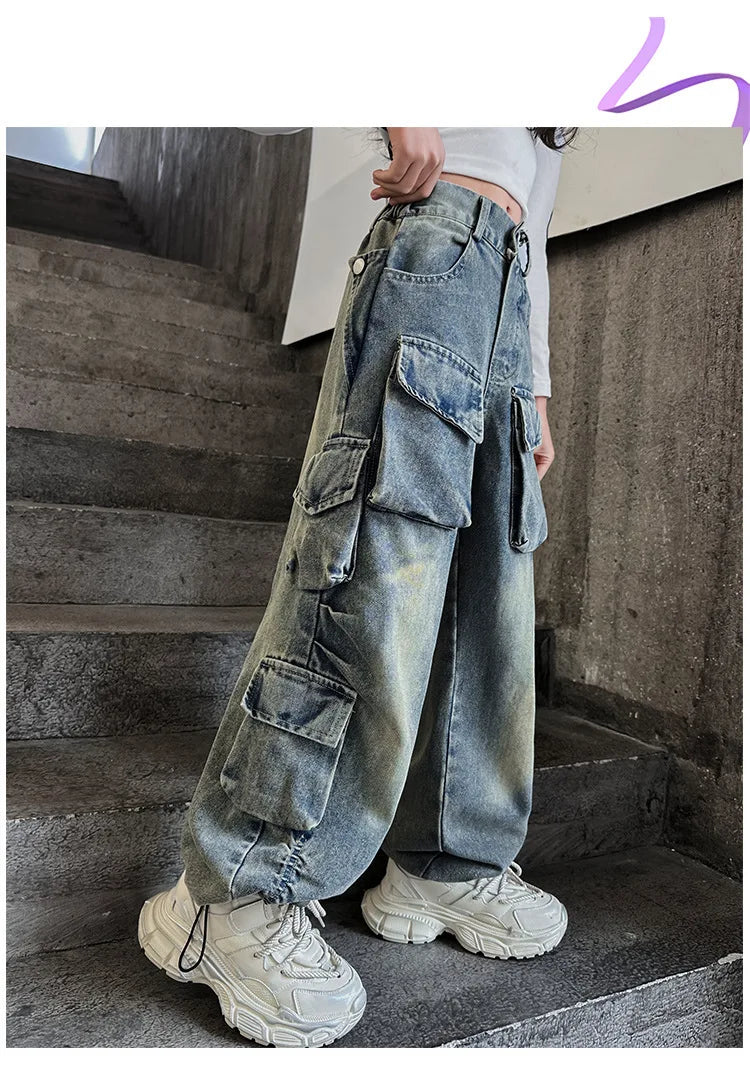 Cargo Jeans for Girls 2026 Spring Loose Casual Elastic Waist Teenage Children Wide Leg Pants Design Streetwear Kids Trousers