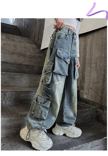 Cargo Jeans for Girls 2026 Spring Loose Casual Elastic Waist Teenage Children Wide Leg Pants Design Streetwear Kids Trousers